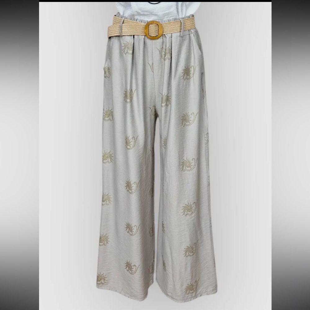 ShopEvelynne Beige Wide Leg Pants with Belt